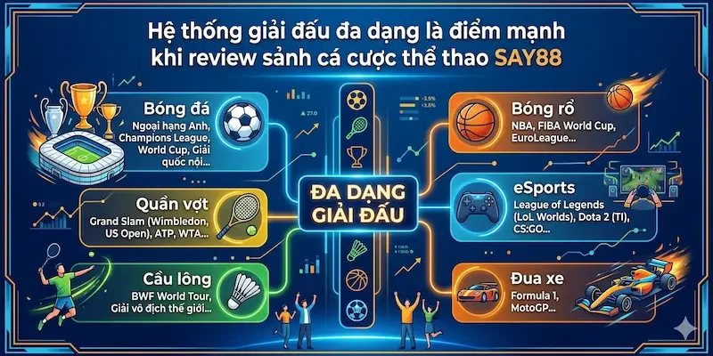 Hệ thống giải đấu đa dạng là điểm mạnh khi review sảnh cá cược thể thao SAY88